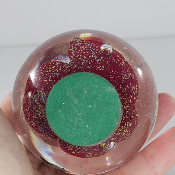 Art Glass Paperweight With Red Core Swimming Fish Orange Green - Picture 5 of 8